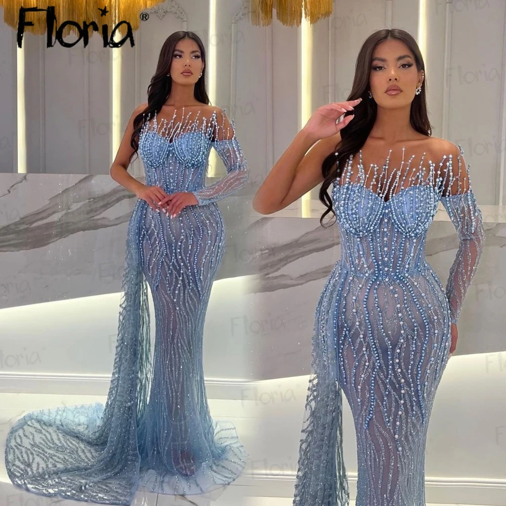 Robe de Soirée Longue Sirène Bleu Clair au Design Unique, Tenue de Cérémonie de Mariage, Hors Bateau, pour Occasions Formelles, 2023