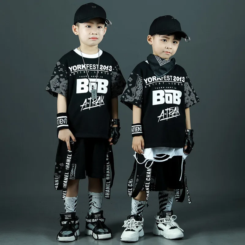 Kids Clothing Sets Summer Black Print T-shirt Shorts 2pcs Boy Tracksuit Children Sport Suit Teen Hip Hop Outfits 4 6 8 9 10 12 Y