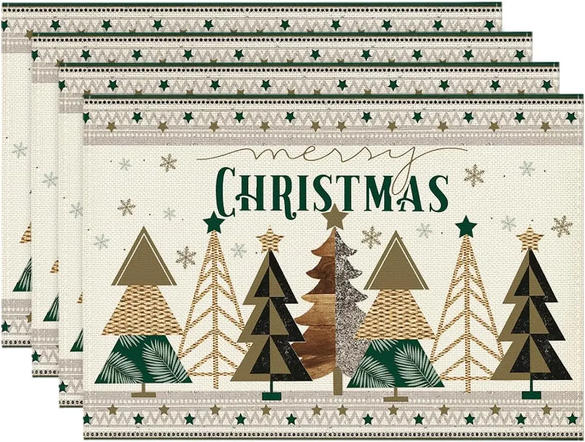 

Stars Trees Star Merry Christmas Placemats Set of 4 12x18 Inch Seasonal Winter Table Mats for Party Kitchen Dining Decoration