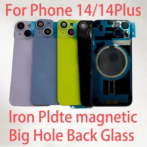 Bilashmart Back Glass Iphone 14 14 Plus Rear Housing Door 14 14 Plus with Small Parts Metal Plate Magnetic with Camera Lens