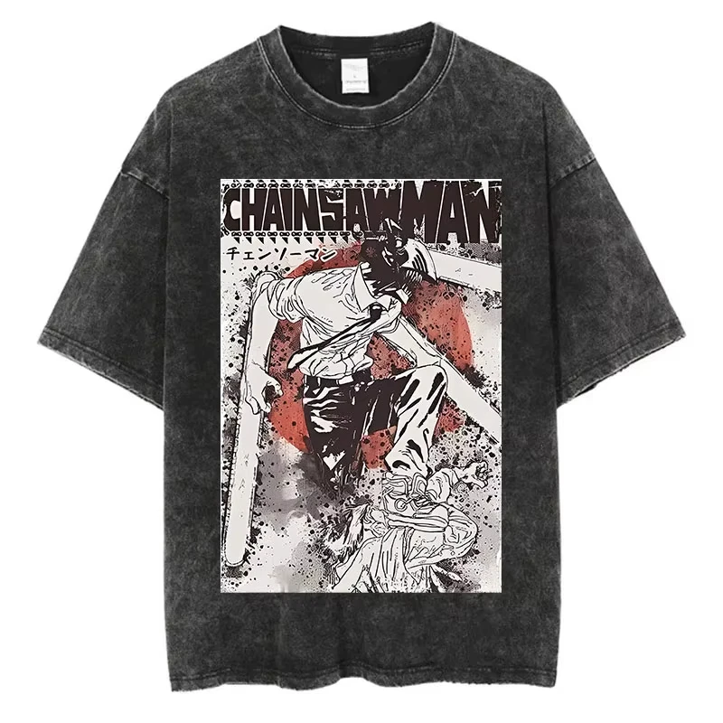 

Chainsaw Man vintage washed T-shirt for men and women 2026 summer Cartoon-patterned loose casual short-sleeved top