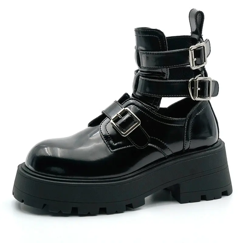 

Patent Leather White Black Buckle Belt Punk Gothic Hallow T-strap Platform Chunky Heels Women Shoes Goth Ankle Women Boots