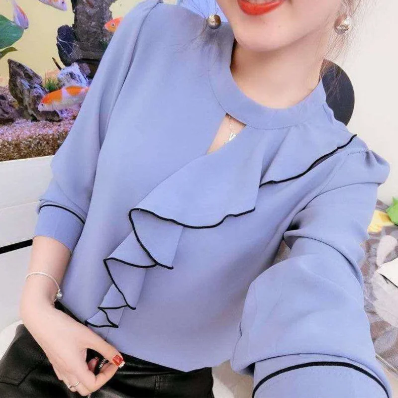 Women Early Autumn New Korean Version Chiffon Ruffles Elegant Solid Color Loose Versatile Temperament Long Sleeves Top