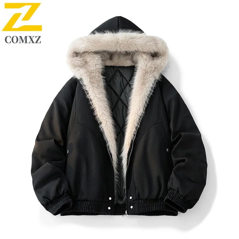 COMXZ الرجال الشتاء سترة دافئة الحد الأدنى مقنعين في الهواء الطلق التنقل المشي القطن وسادة مبطنة التزلج عالية الجودة باركر معطف