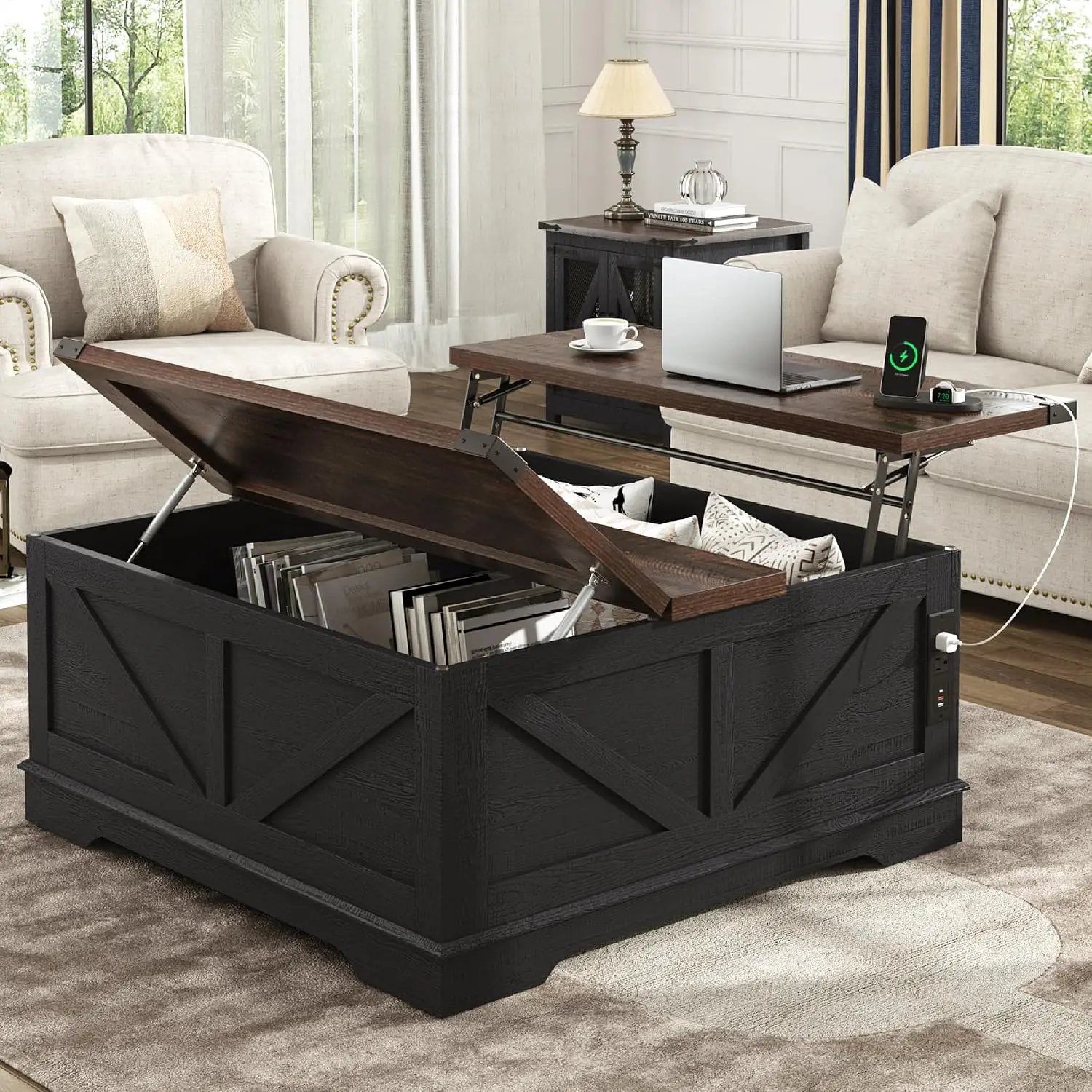40” Large Farmhouse Lift Top Coffee Table with Power Outlets and Large Hidden Storage, Square Wood Living Room Tables