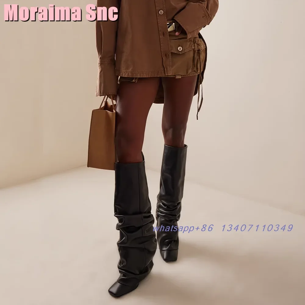 

Плиссированные сапоги до колена с квадратным носком, модные женские высокие сапоги без шнуровки на высоком каблуке-шпильке с перевернутым краем, осень-зима, новинка 2025 г.