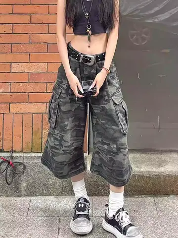 아메리칸 레트로 카모 데님 7피트 바지 루즈핏 캐주얼 멀티 포켓 작업복 반바지 남성과 여성 여름 트렌디 스트리트웨어