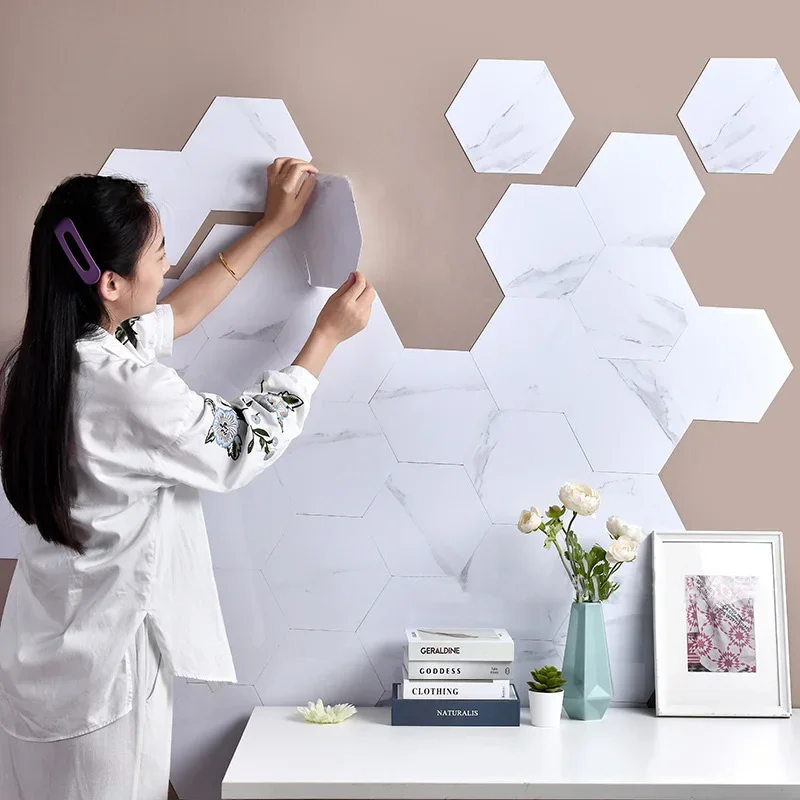 

10Pcs Hexagonal Wood Wall Sticker Self Adhesive Tiles Decals Home Decor Diy Wallpaper 3D for Office Living Room Background Decor