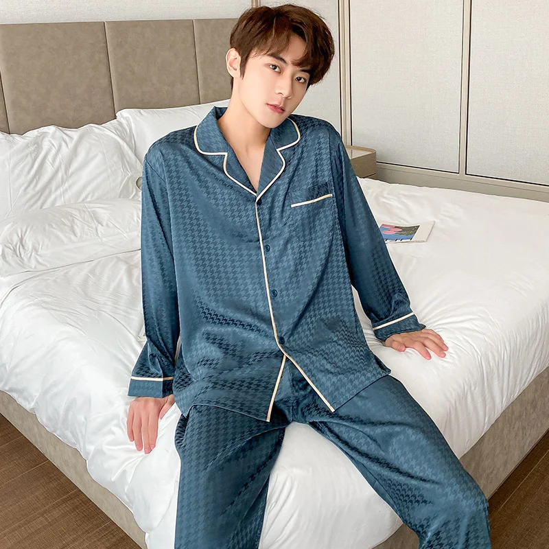 Lisacmvpnel Men's Spring Long Sleeve Ice Silk Pajama Set Jacquard Thousand Bird Lattice Large Size Can Be Worn Out Home Clothes