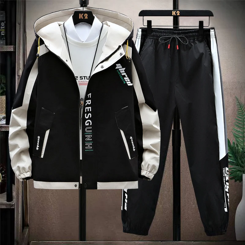 Spring Autumn Hooded Jacket Set for Boys 13 Years Old Stylish Polyester Long Sleeve Sweatshirt And Pants Youth Workwear Outfit