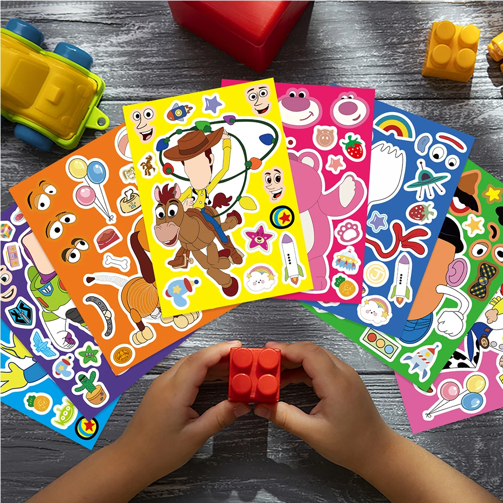 Pegatinas de rompecabezas de dibujos animados de Disney para niños y niñas, juguete educativo de bricolaje para fiesta, manualidades, 8/16 hojas