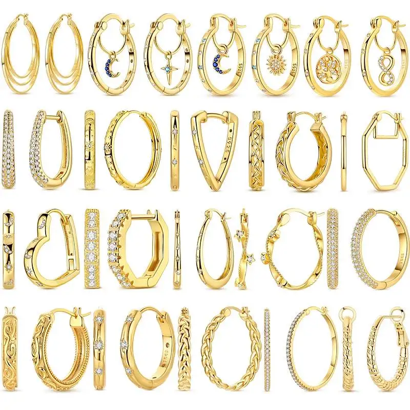 Hapilife Golden Earrings 925 Sterling Silver Hoop Sparkling Moon Sun Hollow Zircon Round For Women Wedding Jewelry Anniversary