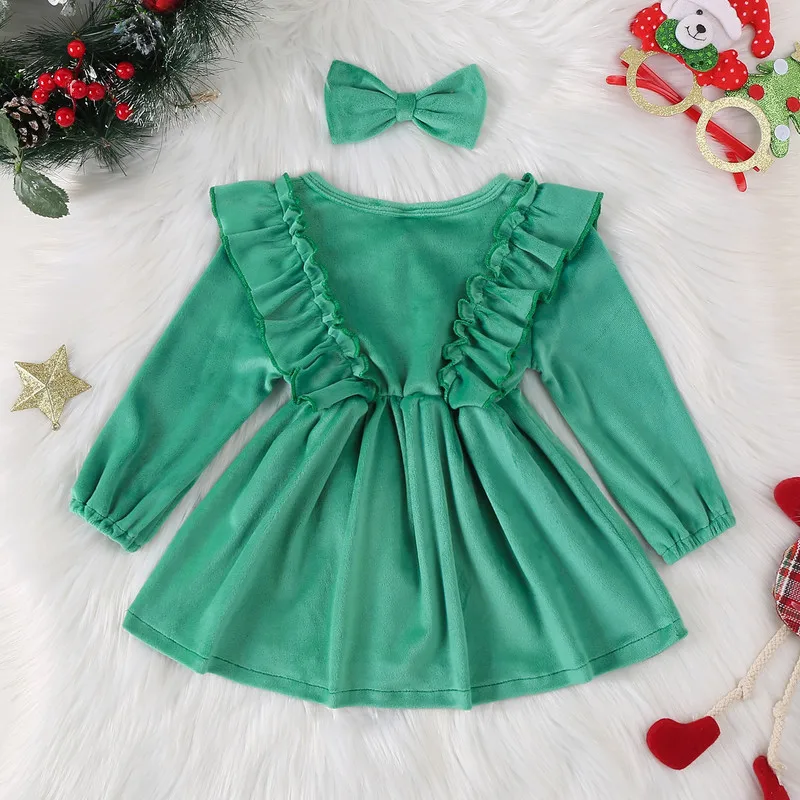 Vestido de veludo para meninas de 3 meses a 4 anos, babados, manga comprida, vestidos com botões, faixa de cabeça, roupas adoráveis