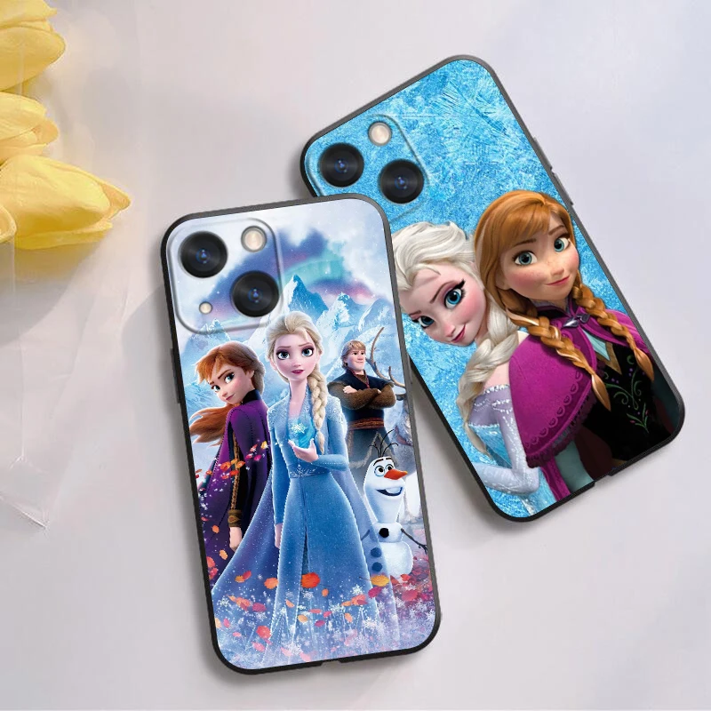 Cartoon Frozen Anna And Elsa Apple iPhone Case For 15 14 13 12 11 Mini XS XR X 6S 6 Pro Max Plus Black Soft Cover