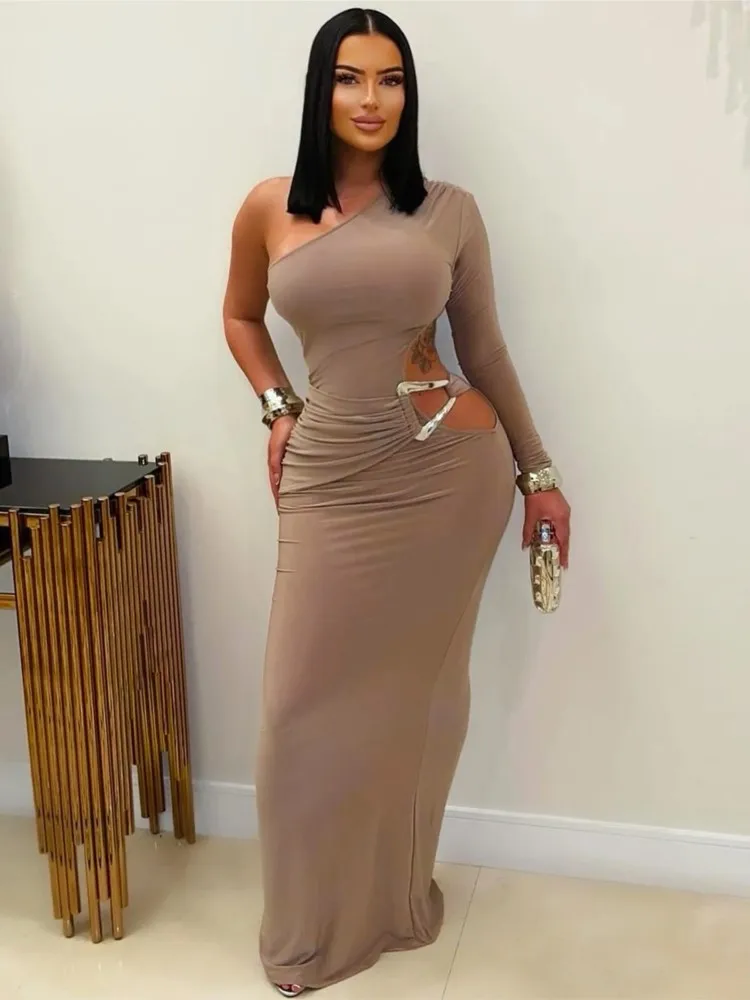 Une épaule évider robe longue femmes automne hiver à manches longues col diagonale dos nu Clubwear fête Maxi robes moulantes