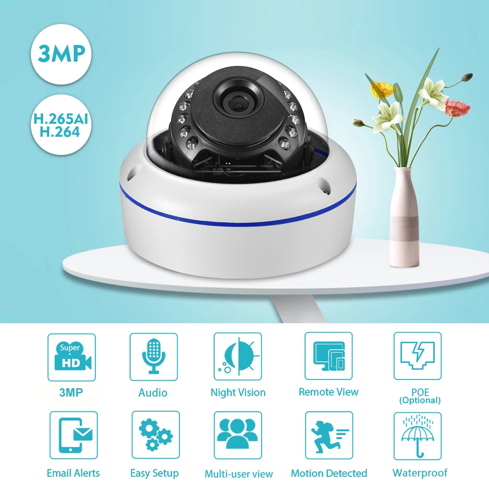 Gadinan HD 3MP H.265 Surveillance Metal IP Camera Audio Microphone Dome Outdoor CCTV Security XMEye Email Push P2P POE Optional