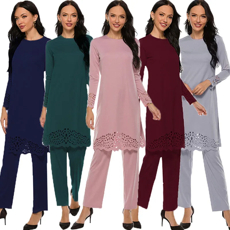 

Plus Size Women Muslim Long Blouse Tops Pants Trousers 2 Piece Set Dubai Turkey Kaftan Abaya Dress Outfits Suit Islamic Clothing