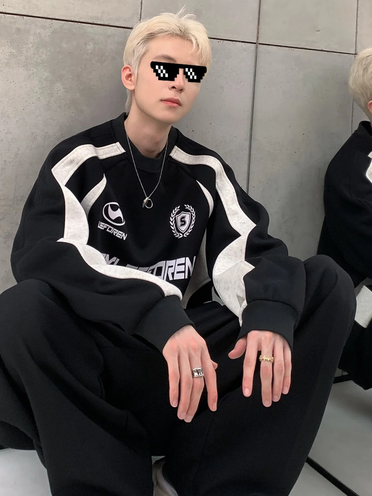 

Bla White Contrast Color Moto Sle round Ne Sweatirt Men's Heavyweight Design Sense Cool Haome Autumn Streetwear