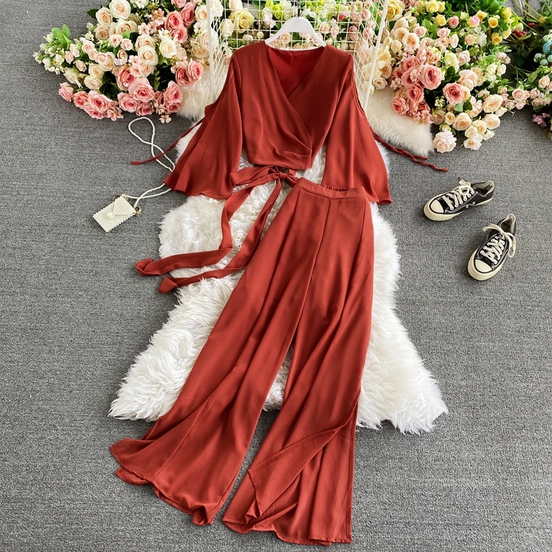 Neploe Fashion Temperament Set V-neck Flare Sleeve Bandage Slim Waist Short Top + High Waist Slit Wide Leg Pant Two-piece Suit