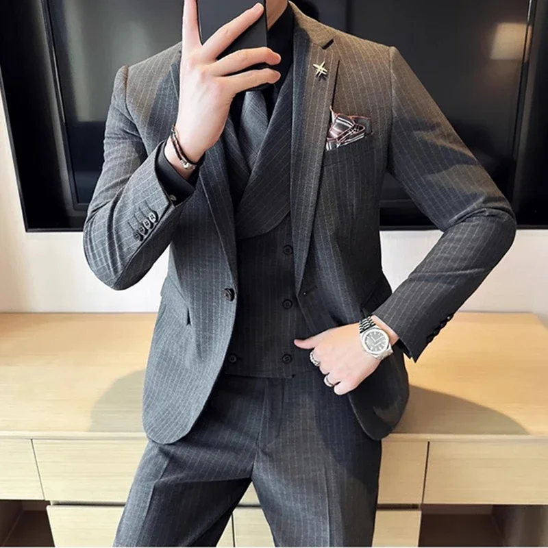 2023 Fashion New Men Casual Boutique Business Striped Slim Fit Wedding Dress Suit Coat Set Male 3 Pcs Blazers Jacket Pants Vest