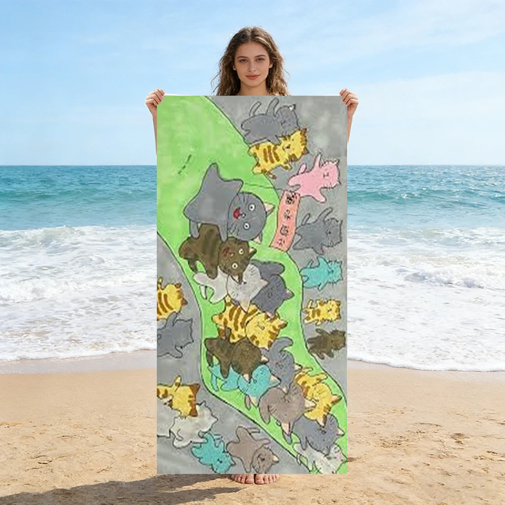 Kitten Parade Illustration Beach Towel Quick-drying Super Absorbent Suitable for Swimming Beach Pool Gym Summer Gift for Friends