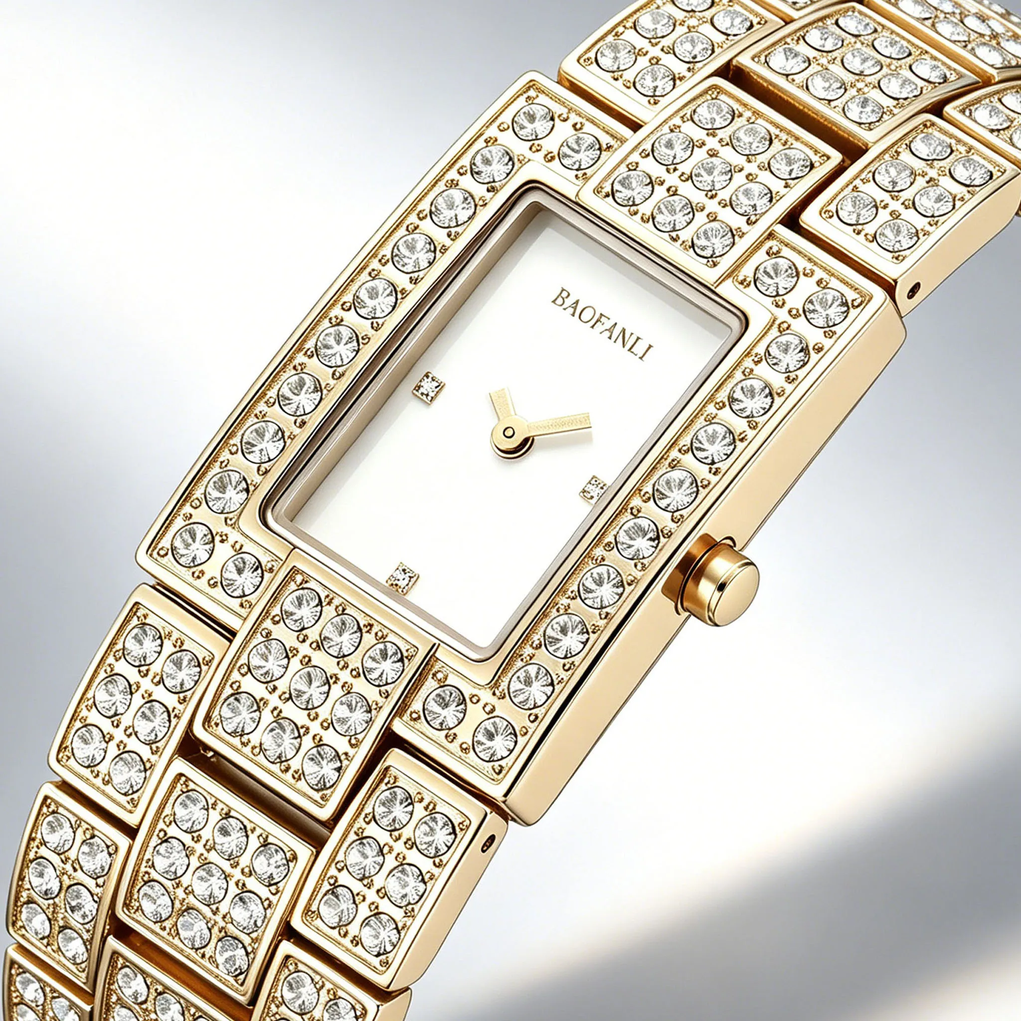 

BAOFANLI Luxury Full Rhinestone Gold Square Women's Wrist Watch, White Pearl Dial Decorative Dress Watch for Party Daily Wear