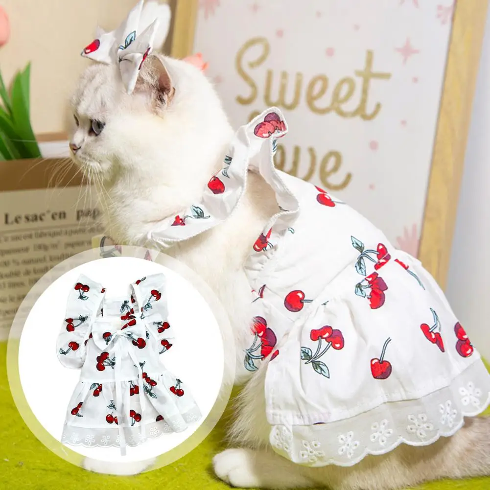 Breathable Dog Dress Stylish Cherry Print Pet Dress with Sleeves Headgear for Cats Dogs Summer Vest Skirt Clothing for Small