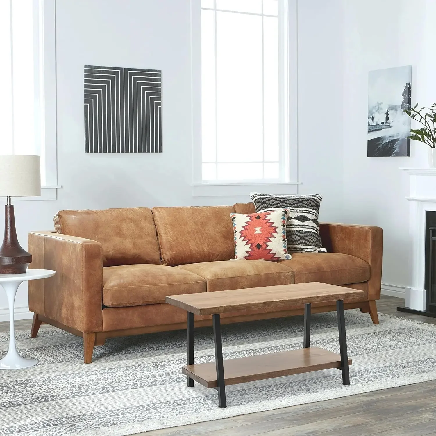 Furnish Home Store London Coffee Table, 39'' Solid Wood with Lower Shelf, Rustic Style, for Living Room