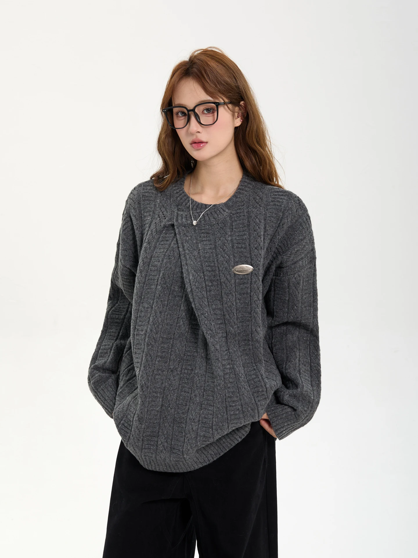 

7KEEWEN Осенне-зимний женский свитер в американском ретро-стиле, простой повседневный вязаный свитер с отложным воротником, свободного кроя