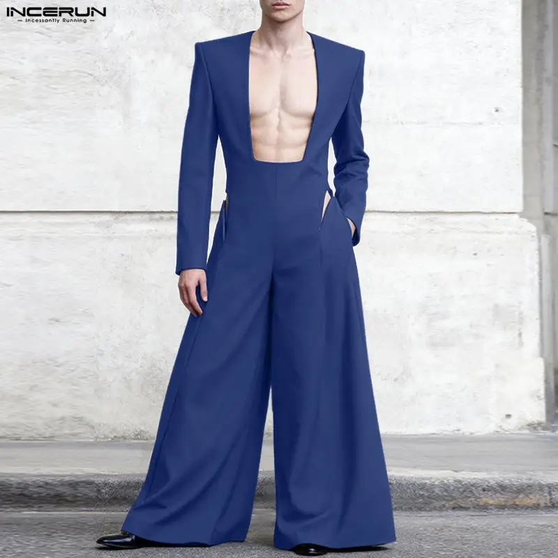 INCERUN Men Jumpsuits Solid Deep Square Neck Long Sleeve Male Rompers Streetwear Loose Hollow Out Zipper Fashion Men Overalls