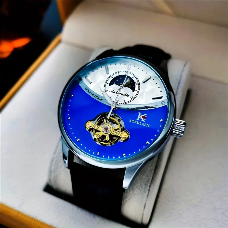 Luxurious and Stylish Men's Mechanical Watch, Round Dial, Automatic Winding, Leather Strap, Fashionable Accessory, European, American, Japanese, and Korean Style, Suitable for Business and Casual Occasions, the Best Gift for Him