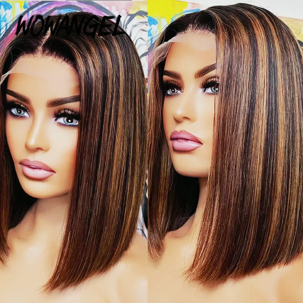 Parrucche Bob corte diritte Wow Angel Parrucche per capelli umani anteriori in pizzo 13x4 1B30 #   Evidenzia parrucche prepizzicate con chiusura in pizzo HD 5x5 per donna