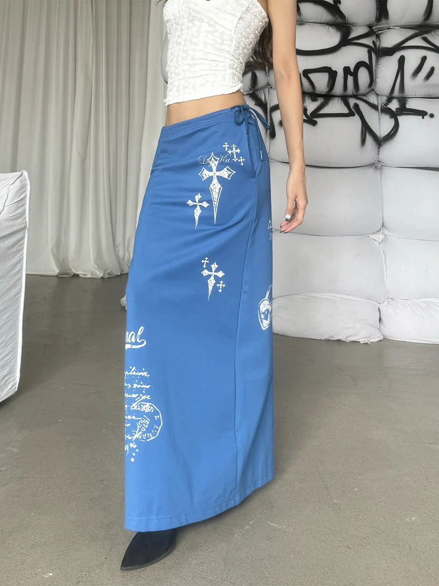 RORIRI Y2K Gyaru Harajuku Shoujo Rokken Blauw Print Brief Patroon Terug Split Rokken Elastische Taille Losse Rechte Bodems Rok