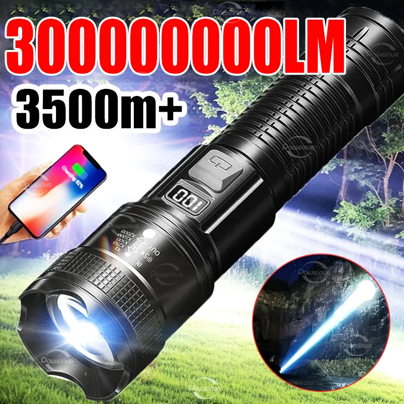 3000000LM Ultra Bright LED Flashlight High Power Digital Electronic Display Waterproof Torch Zoom 2500M Outdoor Fishing Lantern