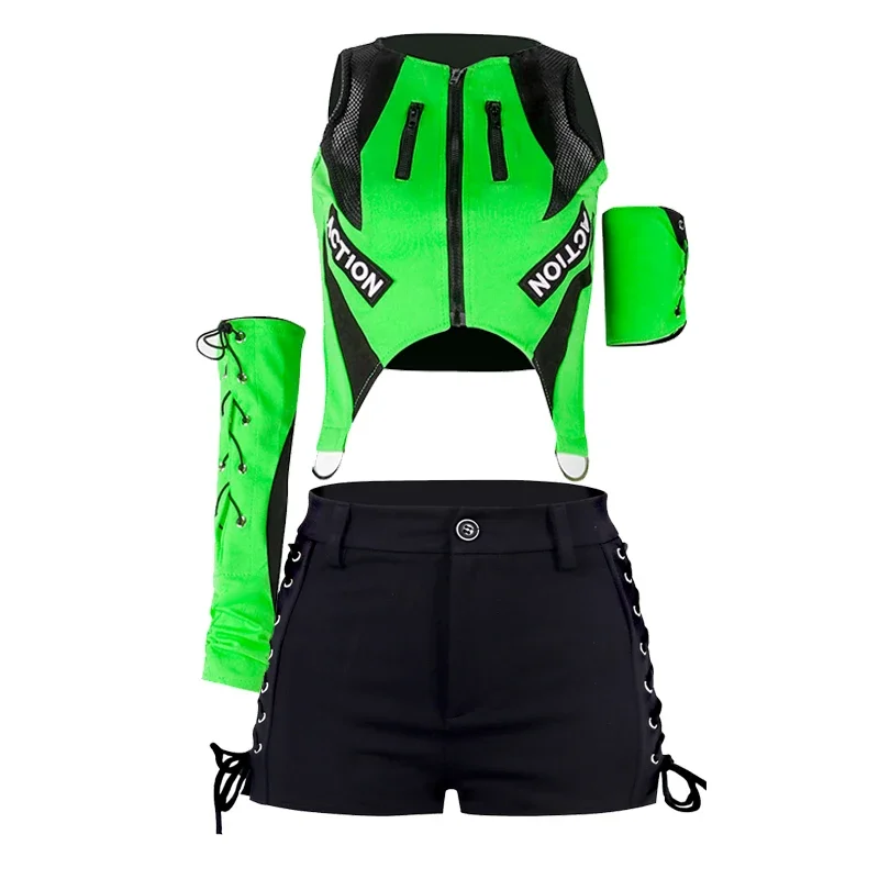 Girls Group Jazz Dance Costumes Pole Dance Rave Clothes Fluorescent Green Tops Black Shorts Kpop Outfits