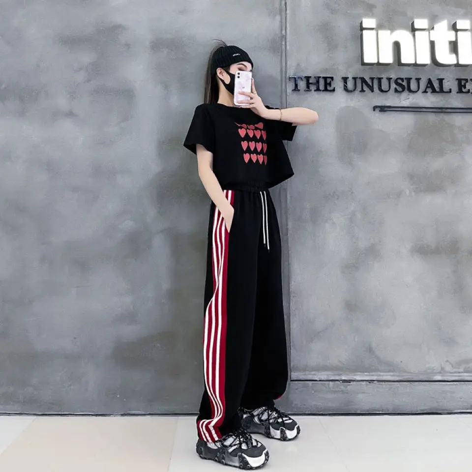 GIDYQ Y2k Striped Wide Leg Pants Women Fashion Black Baggy Jogger Sweatpants Korean Streetwear Hip Hop Straight Trousers New