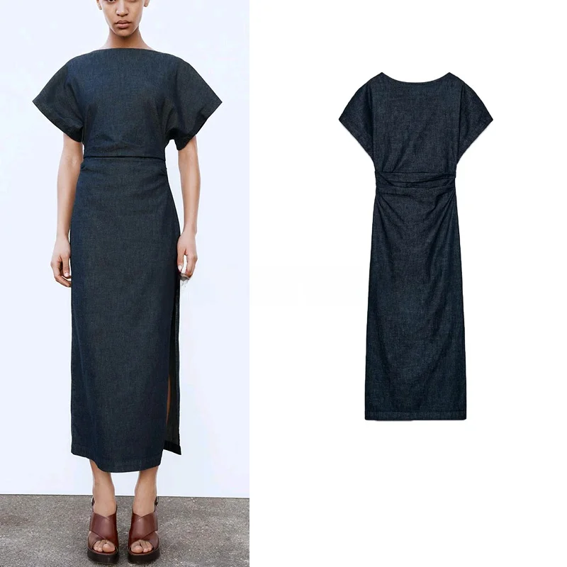 

Spring New Women's Dr Side Slit ort Sve Wide round Ne Gown Pleated Decoration A-Line Skirt High Waist Commute Sle