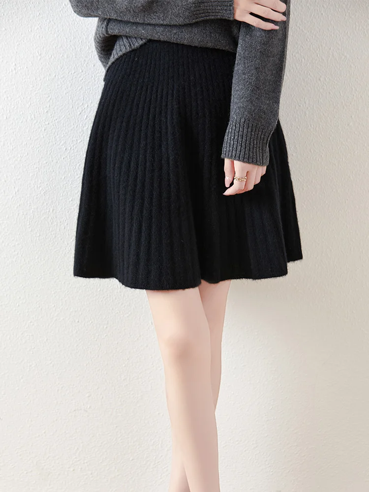 Women's Wave Short Skirt 100% Merino Wool Mini Skirts Autumn Winter Sweater Umbrella Skirt High Waist Stretch Sweet Knit Dresses