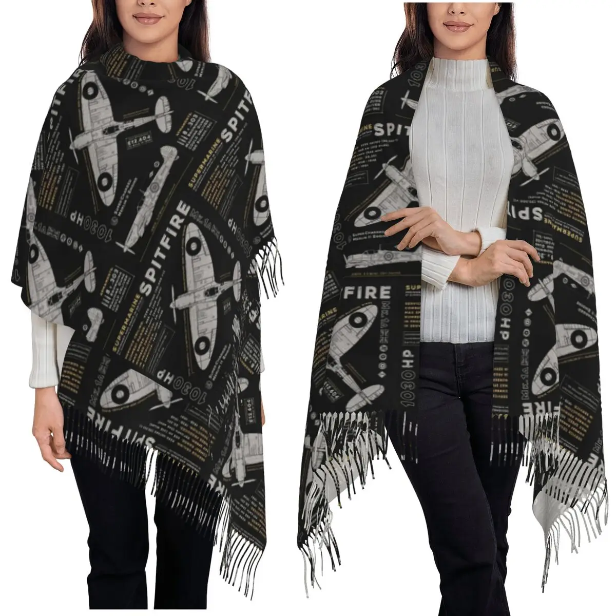 سوبر مارين Spitfire مقاتلة الطيار الطائرات طائرة وشاح شرابة الأوشحة النساء شالات ويلتف كبير الخريف الشتاء شال التفاف