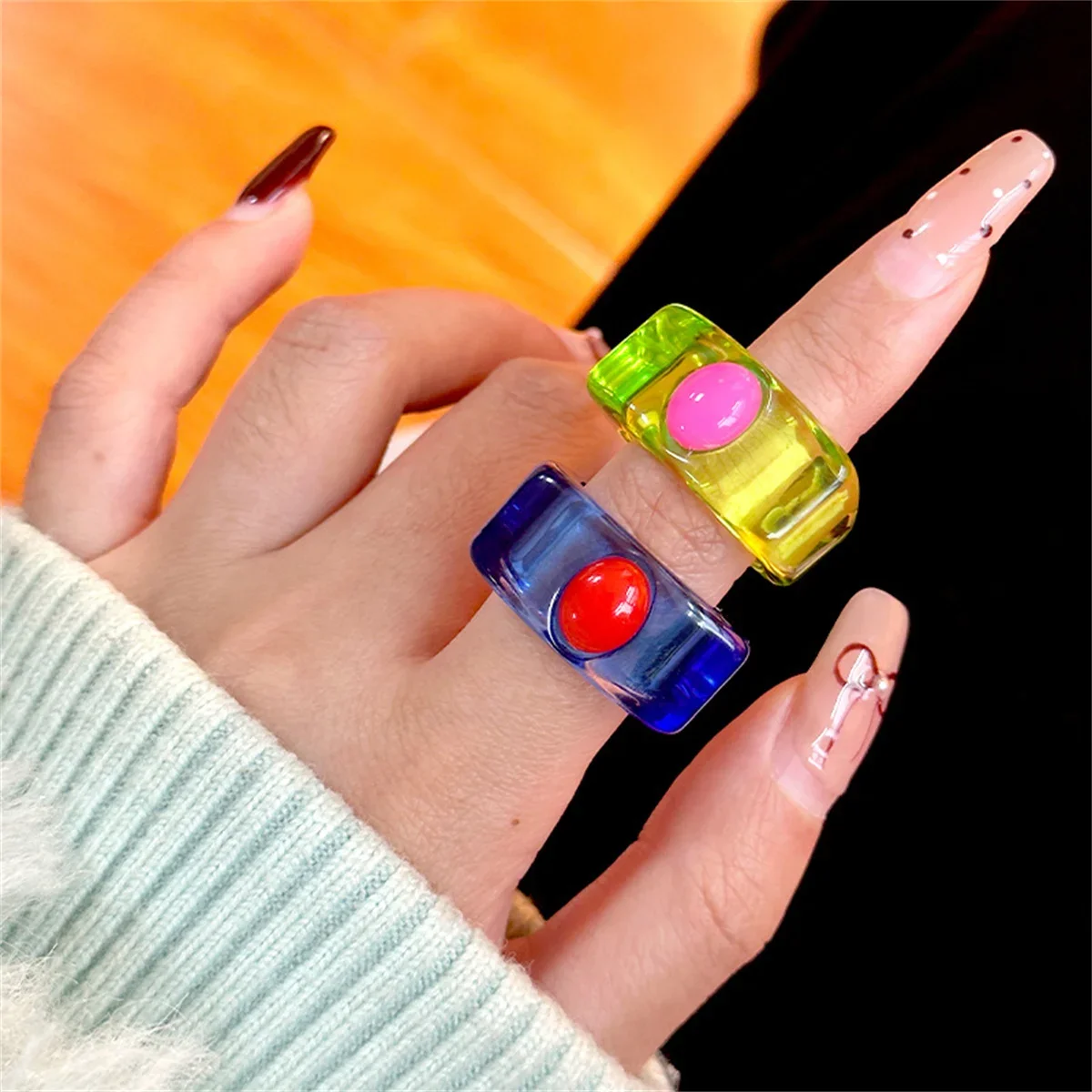 Fashion Fun Simple Inlaid Colorful Y2k Resin Exquisite Women Sweet Cute Ins Birthday Hip Hop Commemorative Jewelry Rings Gift