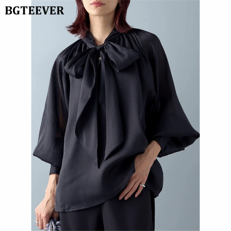 BGTEEVER-camisas holgadas con lazo para mujer, blusas de manga larga con cuello de hebra, Tops femeninos, primavera y otoño