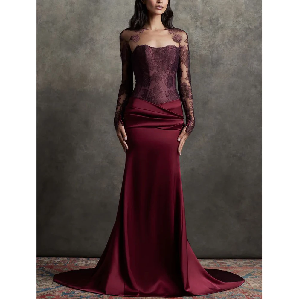 

Customized Vitage Lace Evening Dresses Strapless Long Sleeve Floor-Length Mermaid Prom Dresses Banquet Cocktail Party Ball Dress