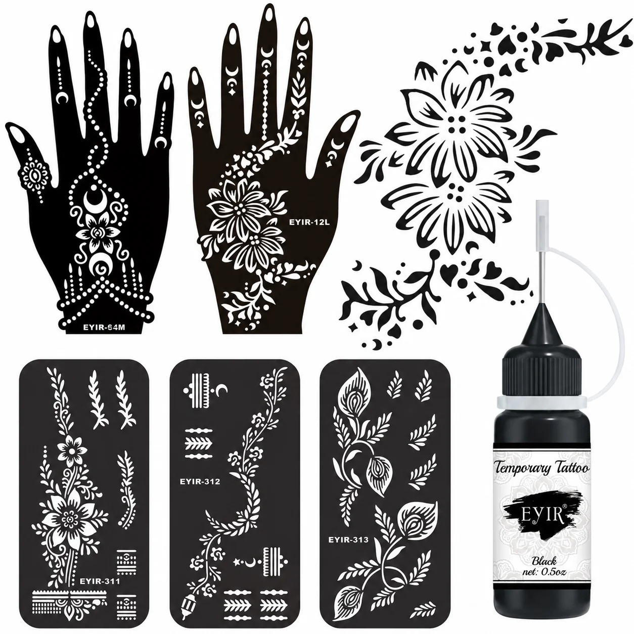 EYIR Temporary Tattoo Paste Kit 5 Mandala Stencils Black Body Art Template Set Reusable Tattoo Design Tool for Hand DIY