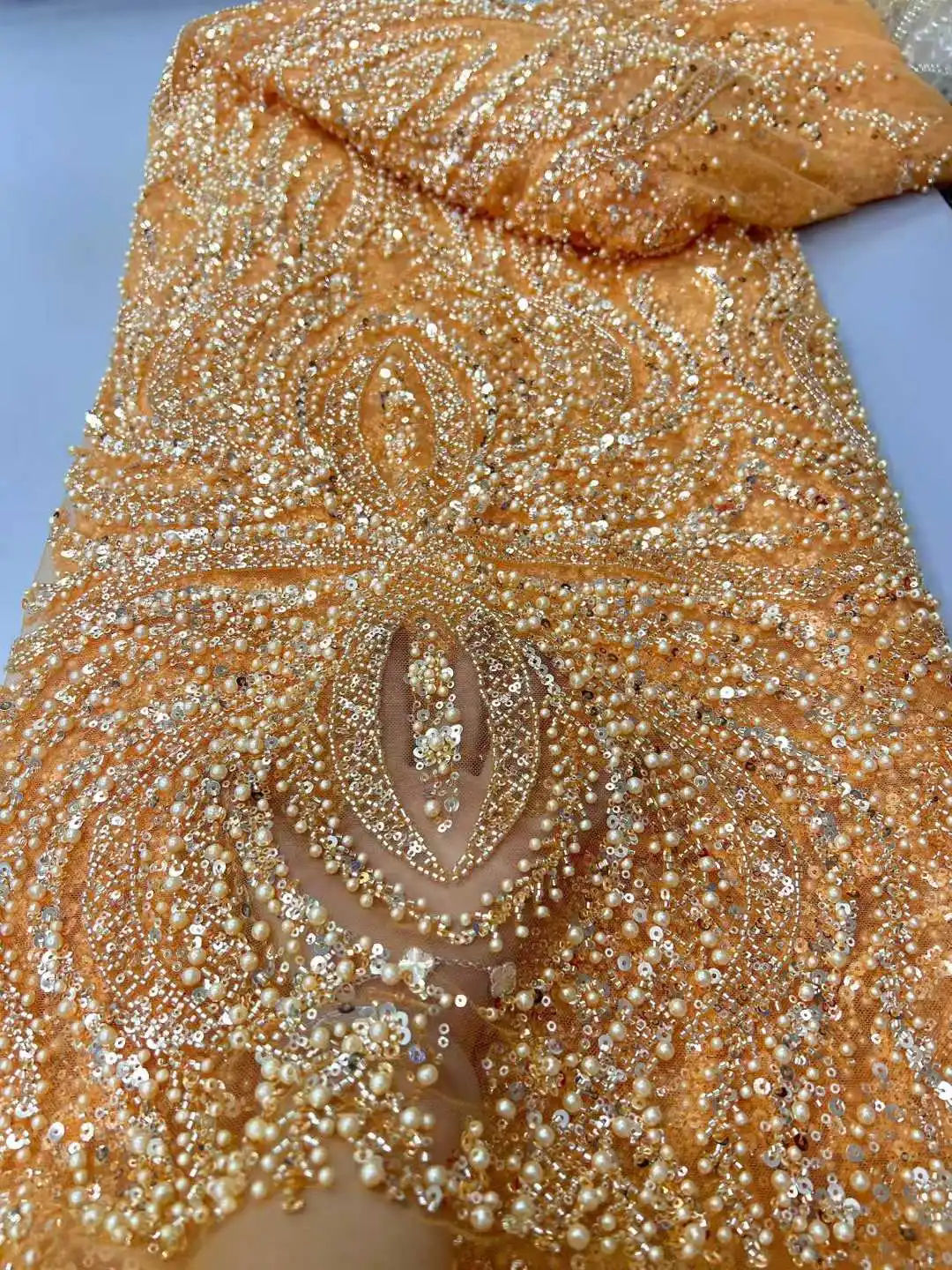

2025 Elegant French Embroidery Mesh Lace Fabric with Beads And Sequins for African Nigerian Wedding Party Dresses Fashionable