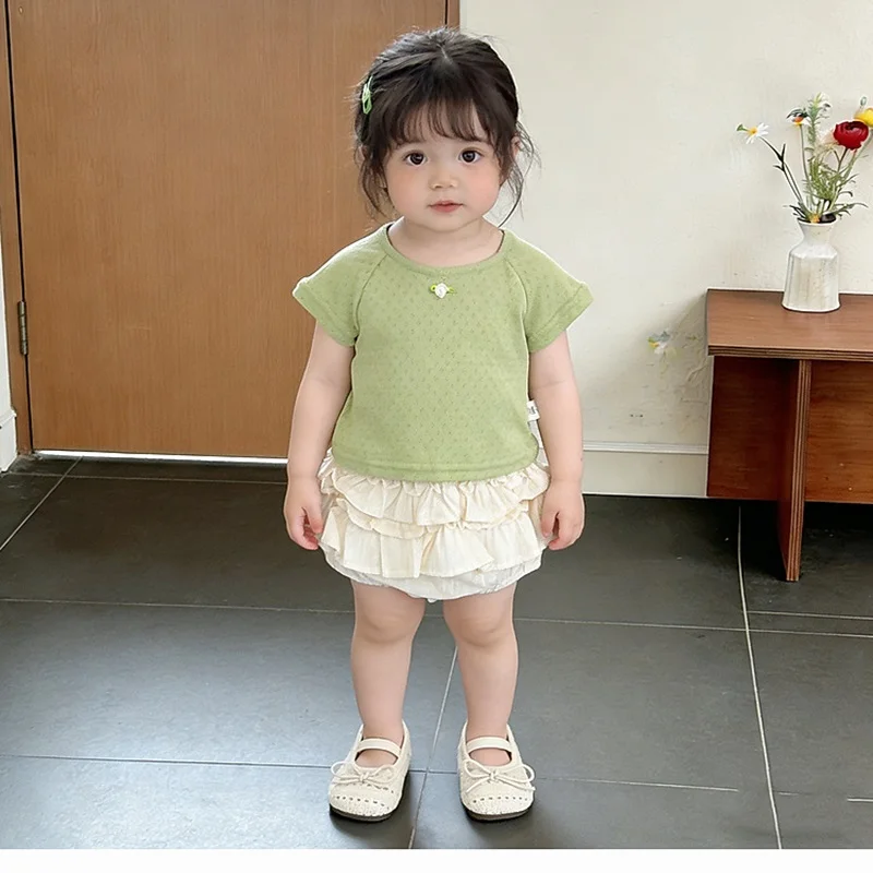 

Летний комплект для малышек: хлопковая футболка с коротким рукавом и юбка-накладка с рюшами, 2 предмета, для детей 0-3 лет