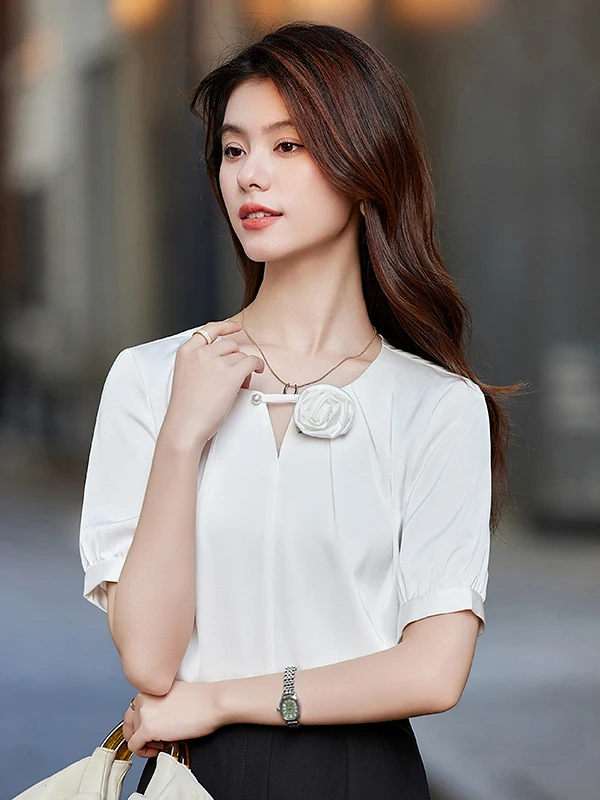 Elegant Pure Color Short Sleeve Shirt Women's Summer Fashion Korean Design Sensation Ladylike Soft Satin Material Blouse