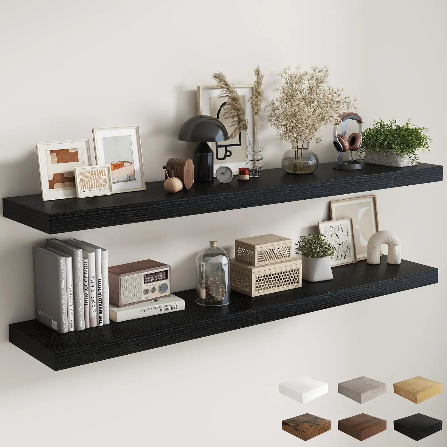 72'W X 12'D Black Floating Fireplace Mantel Shelves Set of 2, Deep Large Wood Wall Mount Storage Display Rack for Home Office Decor