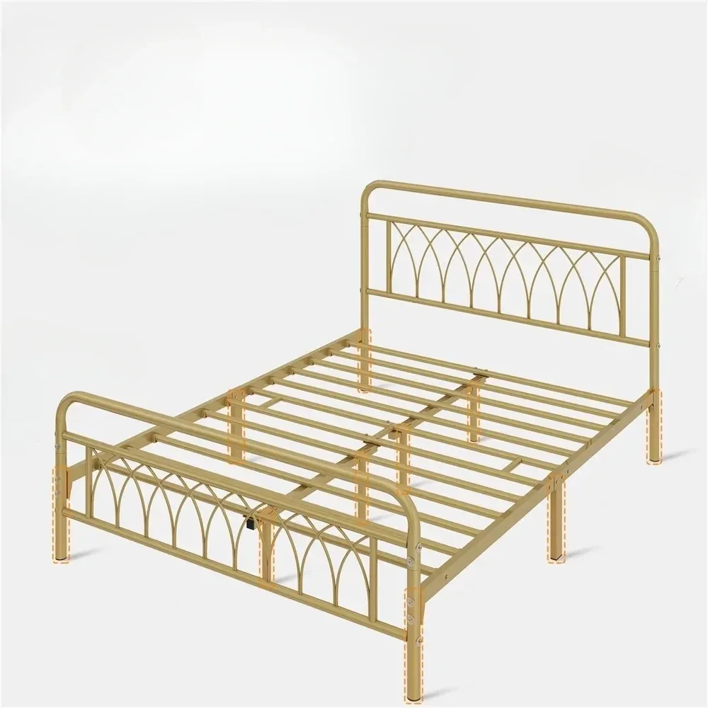 

Metal Platform Bed with Petal Accented Headboard and Footboard, Antique Gold Bed Bases, Queen Size Bed Frames