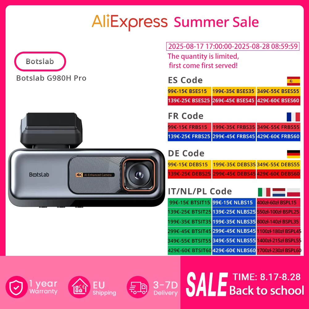 Botslab G980H Pro 4K+2K Dual Dash Cam con sensori SONY, controllo vocale, ADAS, GPS, WiFi 5,8 GHz, scheda 64 GB, modalità parcheggio 24 ore su 24, 7 giorni su 7