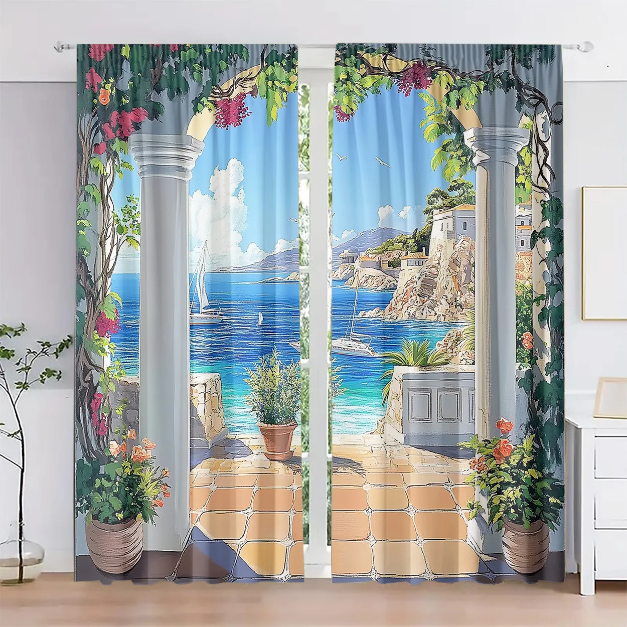 Luxury Coastal Mediterranean Curtains Tropical Greece Resort Window Panels for Living Room Home Decor Summer Beach Scene Curtain